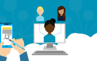 Person using smartphone next to images of patients