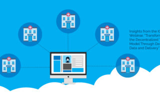 Image of computer with IQVIA webinar title, "Transforming Decentralized Clinical Trials Through Design, Data, and Delivery"