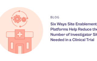Florence graphical image of a hospital with gears over it - and text next to it that reads 'Blog: Six Ways SIte Enablement PLatforms Help Reduce the Number of Investigator Sites Needed in a Clinical Trial'