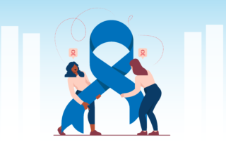 Two women holding a blue cancer ribbon between them