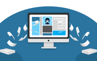 Pieces of paper flowing into a computer with picture of Flo mascot