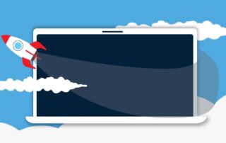 Rocket ship taking off from laptop