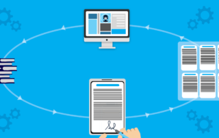 Graphic showing informed consent form being signed, beign sent to phones and computers, and being stored in binders