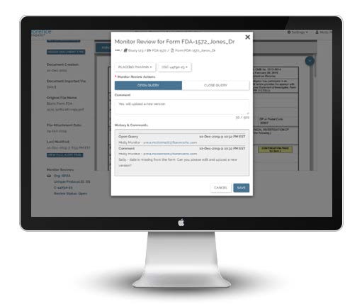 Monitor Review Module Screen Shot Remote Monitoring with Florence eBinders for eRegulatory, eSource, and eISF
