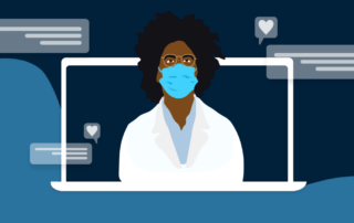 Doctor wearing mask and lab coat on laptop, representing telemedicine
