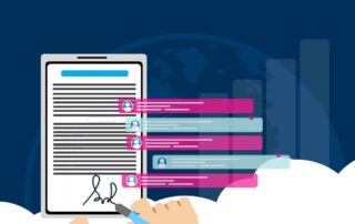 Illustration of person signing document in front of globe, connected to other people