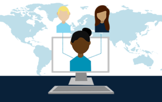 Illustration of Black woman CRA using computer to connect to white man CRA and Latina woman CRA