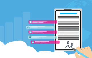 Person's hand signing tablet with signatures beside it